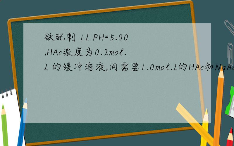 欲配制 1L PH=5.00,HAc浓度为0.2mol.L 的缓冲溶液,问需要1.0mol.L的HAc和NaAc溶液各多少毫升.