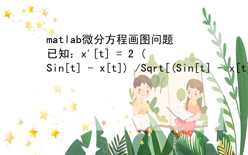 matlab微分方程画图问题已知：x'[t] = 2 (Sin[t] - x[t]) /Sqrt[(Sin[t] - x[t])^2 + (Cos[t] - y[t])^2]y'[t] = 2 (Cos[t] - y[t]) /Sqrt[(Sin[t] - x[t])^2 + (Cos[t] - y[t])^2]初始x[0]=0y[0]=0画出（x,y）的轨迹